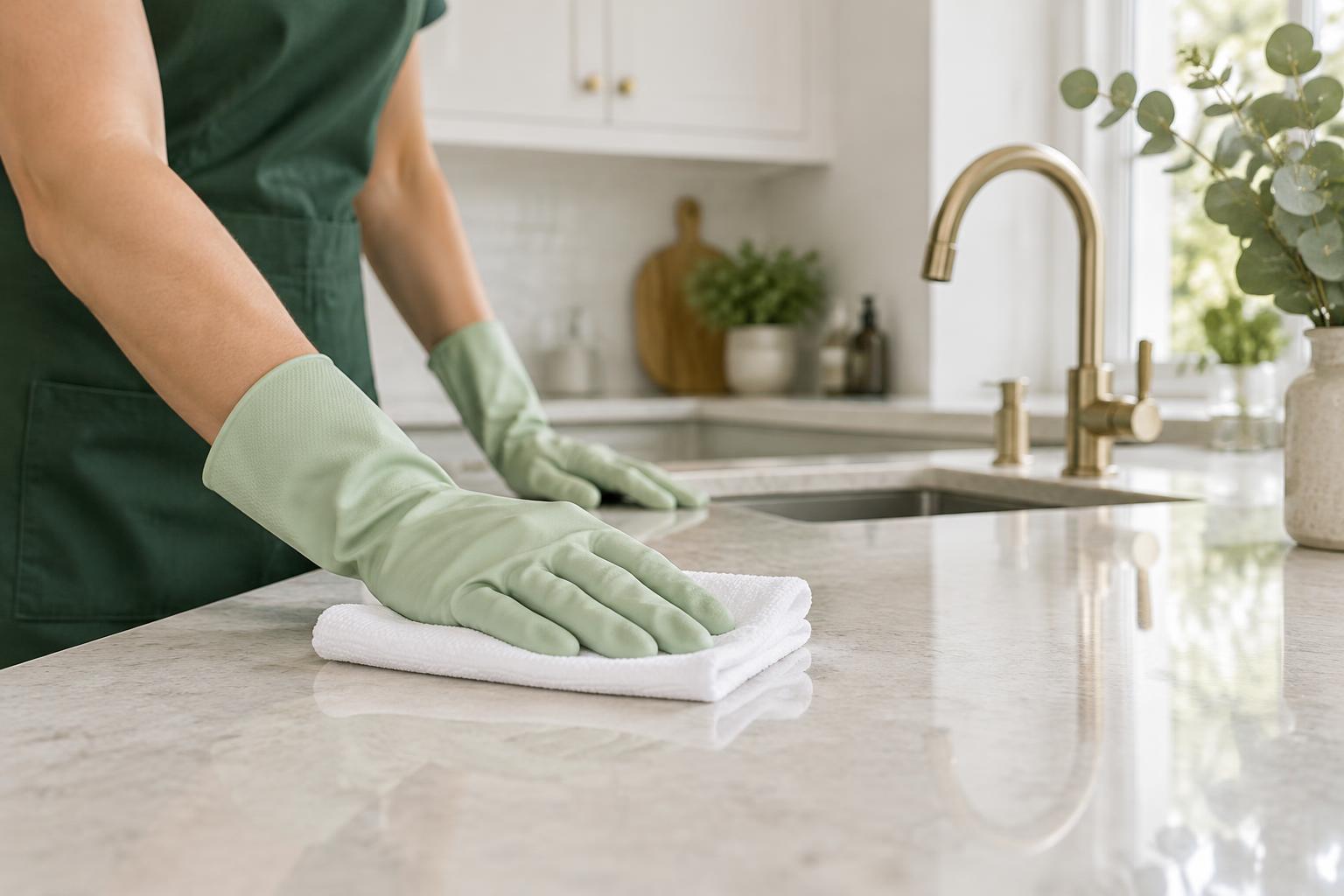 Careful cleaning of a kitchen worktop with a fresh microfibre cloth
